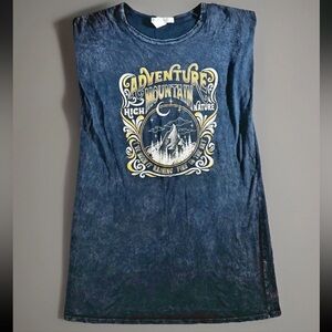 FREEMARKET FLYING TOMATO Shirt Dress Small Black Stonewashed Adventure Mountain